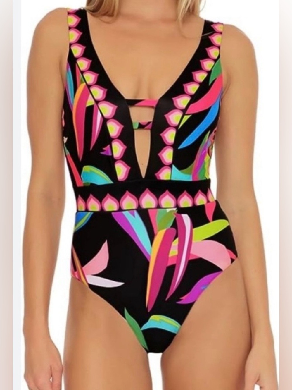 Trina Turk Birds of Paradise Plunge One-Piece Tropical Swimsuit Size 14